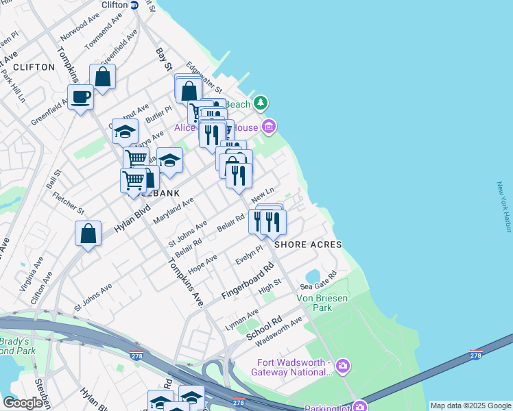 map of restaurants, bars, coffee shops, grocery stores, and more near 21 New Lane in Staten Island