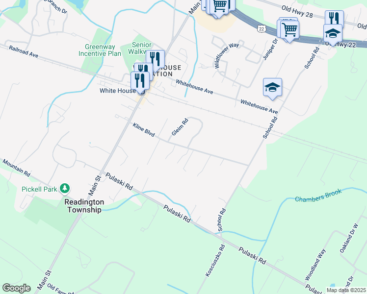 map of restaurants, bars, coffee shops, grocery stores, and more near 2 Gleim Road in Readington Township