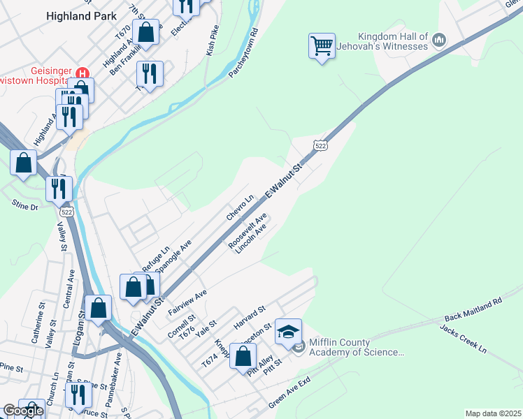 map of restaurants, bars, coffee shops, grocery stores, and more near 820 East Walnut Street in Lewistown