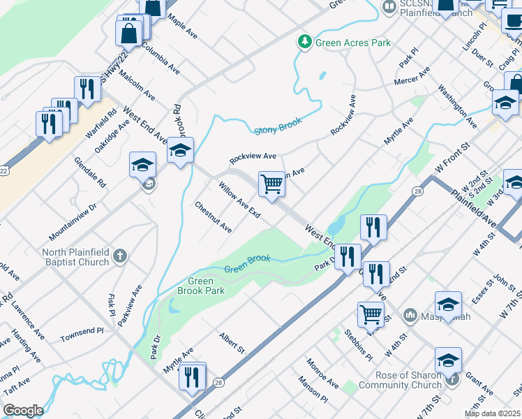 map of restaurants, bars, coffee shops, grocery stores, and more near 151 West End Avenue in North Plainfield