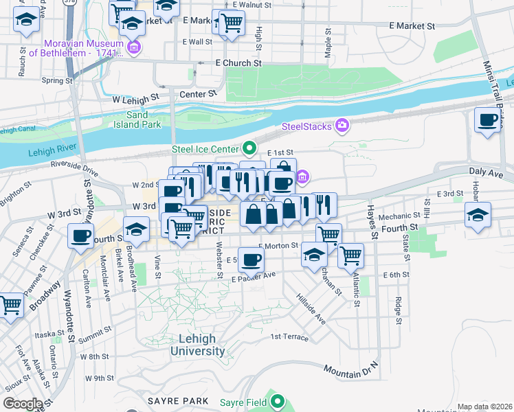 map of restaurants, bars, coffee shops, grocery stores, and more near 331-39 East 3rd Street in Bethlehem
