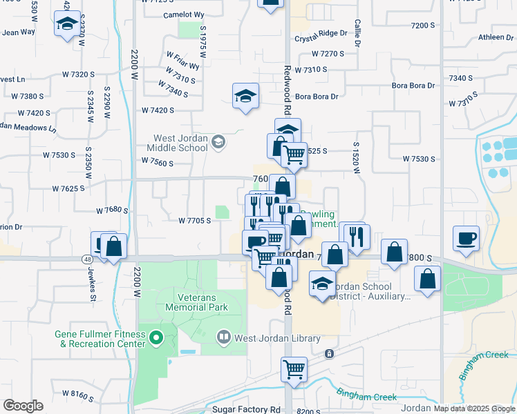 map of restaurants, bars, coffee shops, grocery stores, and more near 1809 West 7600 South in West Jordan
