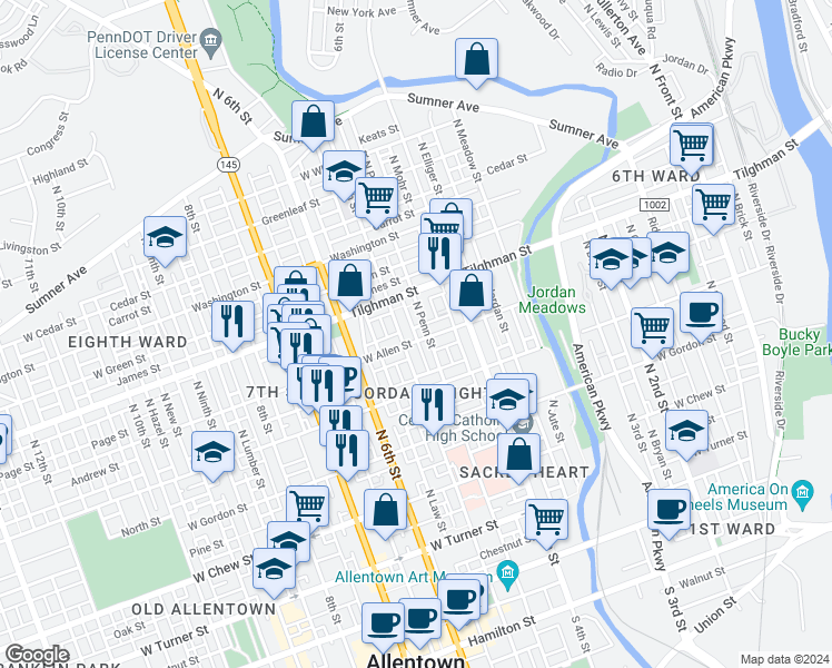 map of restaurants, bars, coffee shops, grocery stores, and more near 451 West Allen Street in Allentown