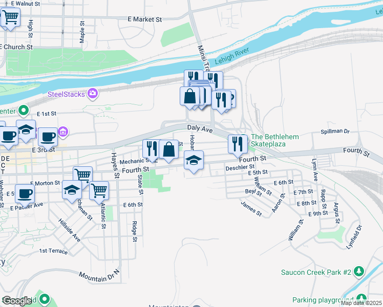 map of restaurants, bars, coffee shops, grocery stores, and more near 300 Hobart Street in Bethlehem
