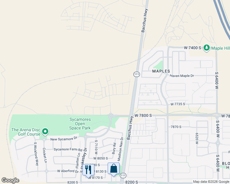 map of restaurants, bars, coffee shops, grocery stores, and more near 7654 Clipper Hill Road in West Jordan