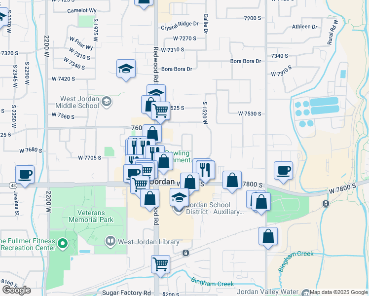 map of restaurants, bars, coffee shops, grocery stores, and more near 7632 Sunrise Place East in West Jordan
