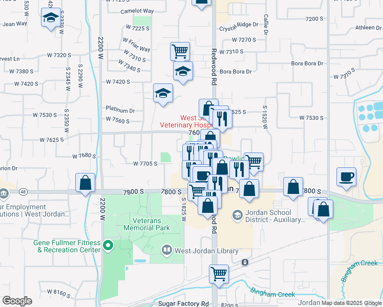 map of restaurants, bars, coffee shops, grocery stores, and more near 1805 West 7600 South in West Jordan