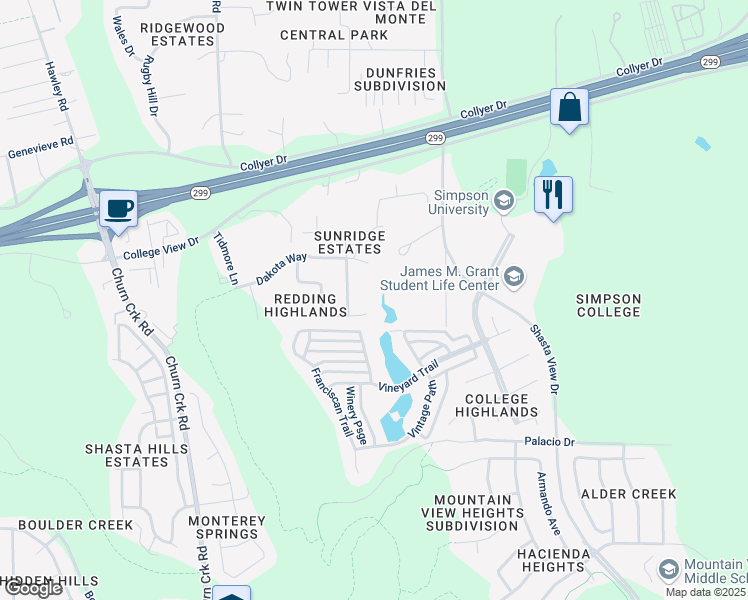 map of restaurants, bars, coffee shops, grocery stores, and more near 266 Sunridge Drive in Redding