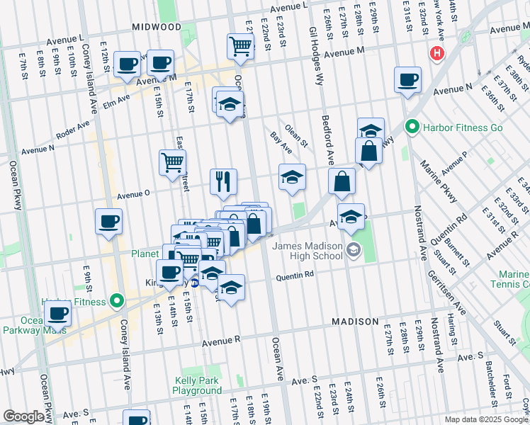 map of restaurants, bars, coffee shops, grocery stores, and more near 1656 East 21st Street in Brooklyn