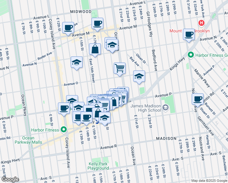 map of restaurants, bars, coffee shops, grocery stores, and more near 1545 East 18th Street in Brooklyn