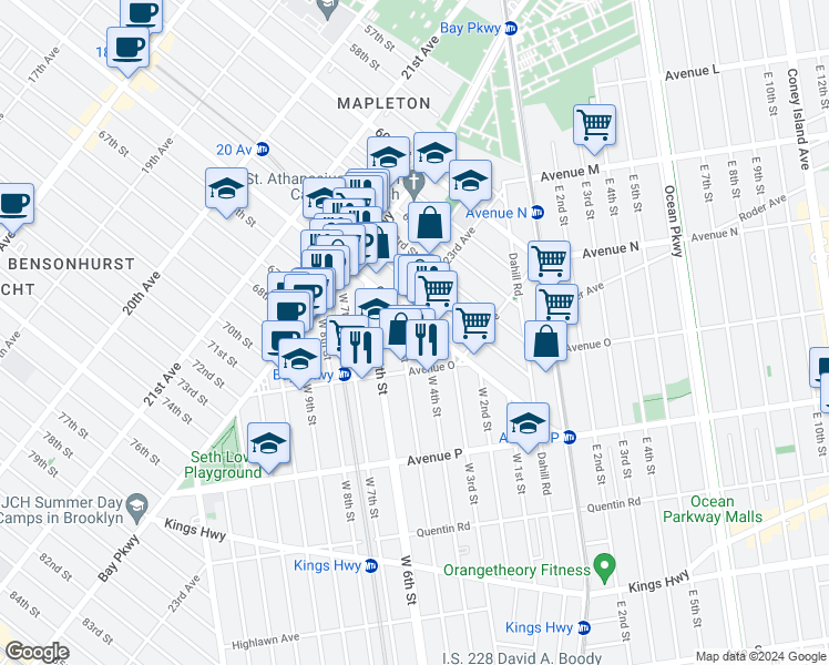 map of restaurants, bars, coffee shops, grocery stores, and more near 2315 65th Street in Brooklyn