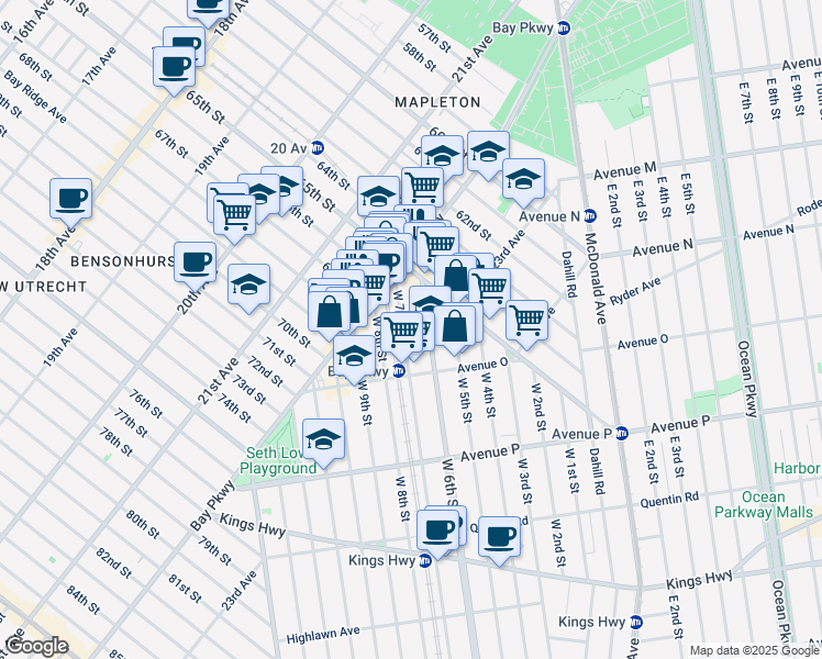 map of restaurants, bars, coffee shops, grocery stores, and more near 1345 West 7th Street in Brooklyn
