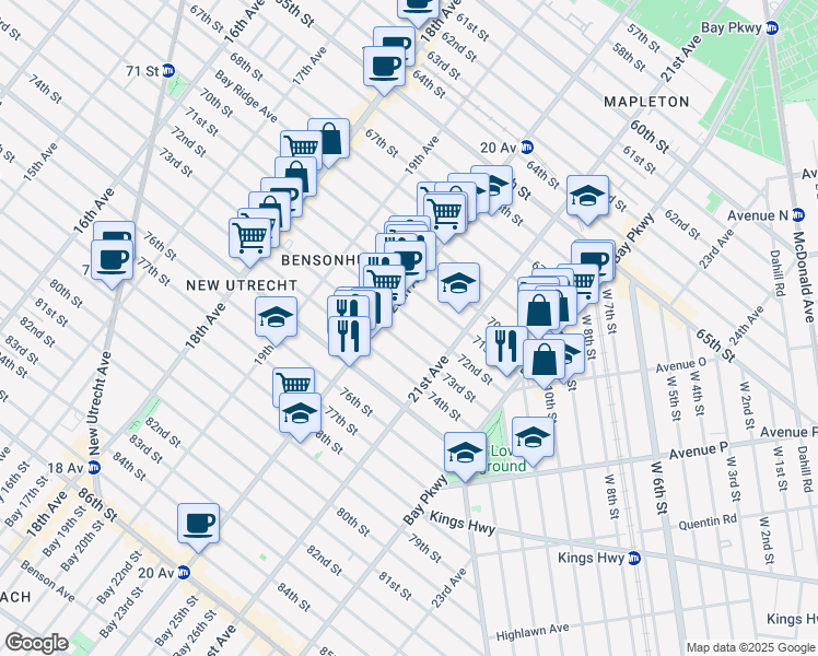 map of restaurants, bars, coffee shops, grocery stores, and more near 2024 71st Street in Brooklyn