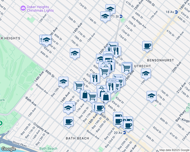 map of restaurants, bars, coffee shops, grocery stores, and more near 1658 80th Street in Brooklyn