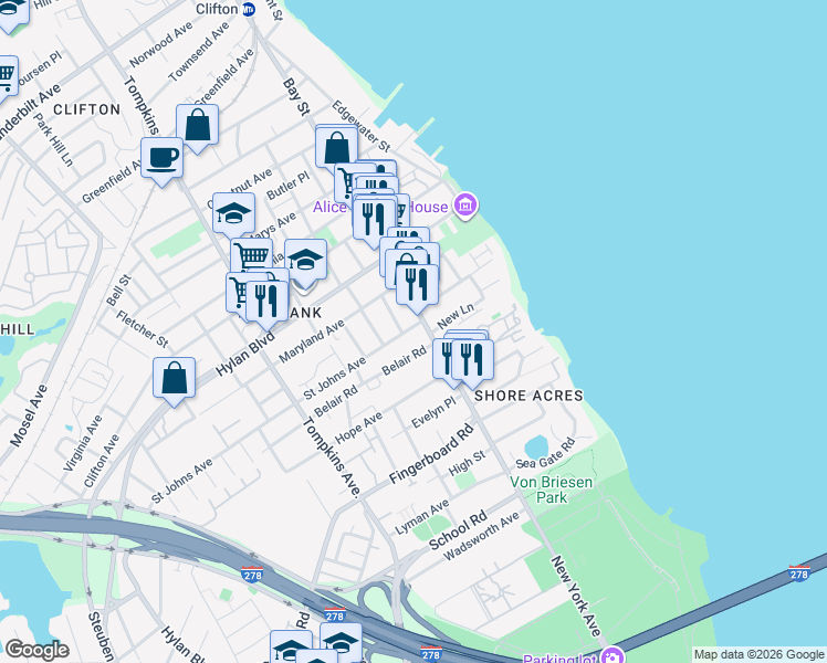 map of restaurants, bars, coffee shops, grocery stores, and more near 1256 Bay Street in Staten Island