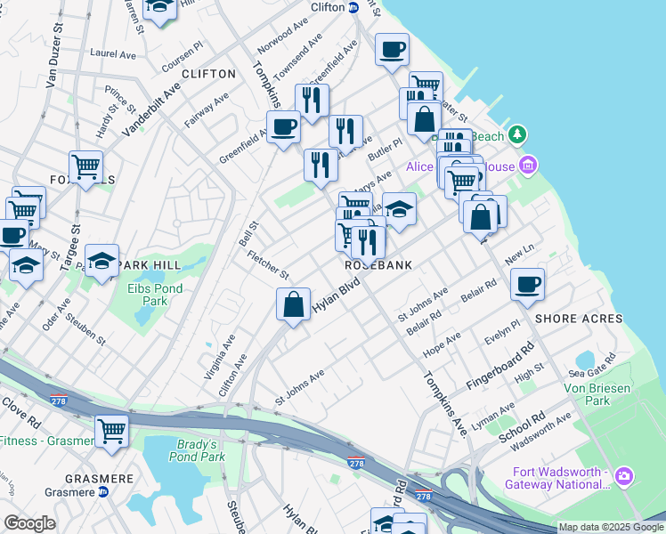map of restaurants, bars, coffee shops, grocery stores, and more near 200 Virginia Avenue in Staten Island