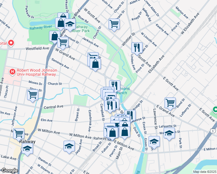 map of restaurants, bars, coffee shops, grocery stores, and more near 1703 Irving Street in Rahway
