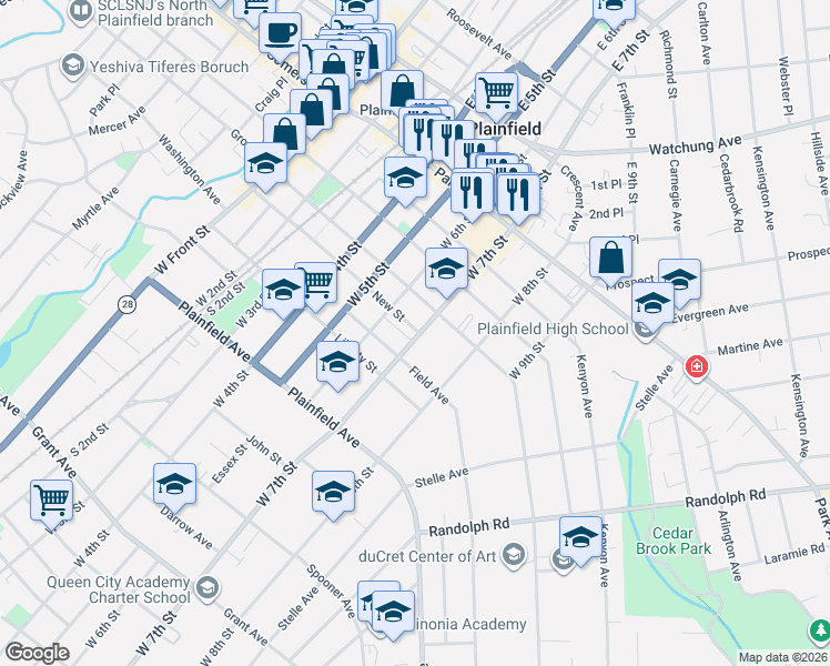 map of restaurants, bars, coffee shops, grocery stores, and more near 613-15 New Street in Plainfield
