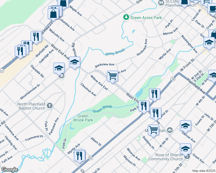 map of restaurants, bars, coffee shops, grocery stores, and more near 151 West End Avenue in North Plainfield