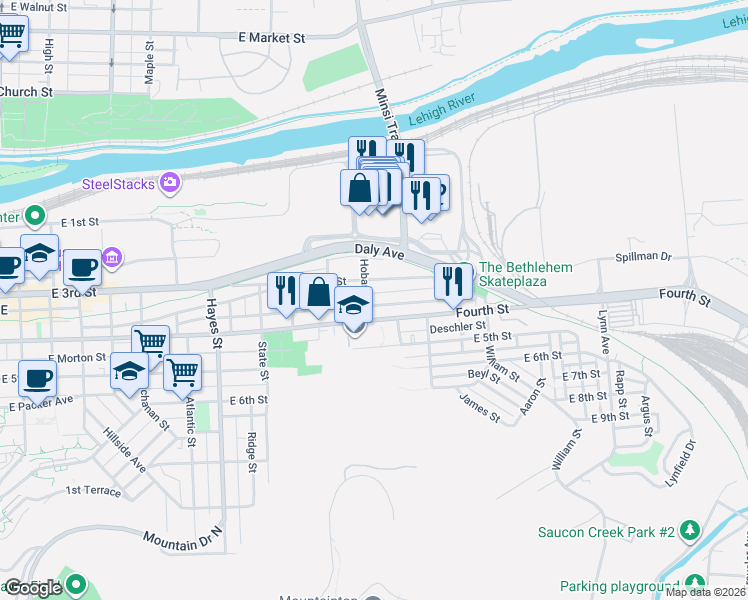 map of restaurants, bars, coffee shops, grocery stores, and more near 300 Hobart Street in Bethlehem