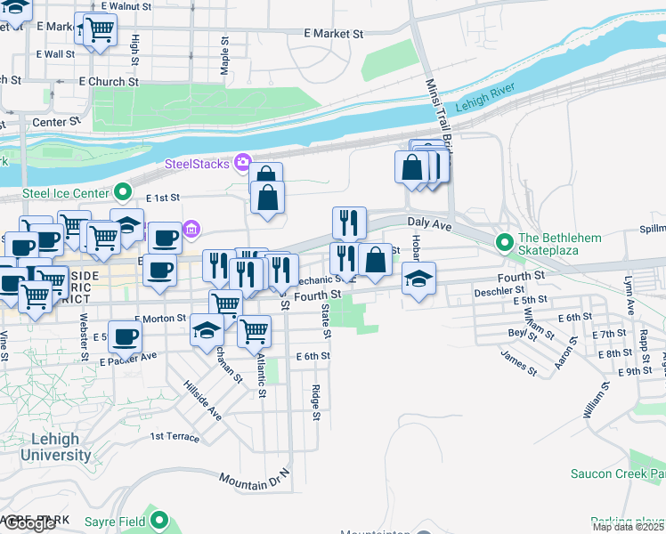 map of restaurants, bars, coffee shops, grocery stores, and more near 1010 East 3rd Street in Bethlehem