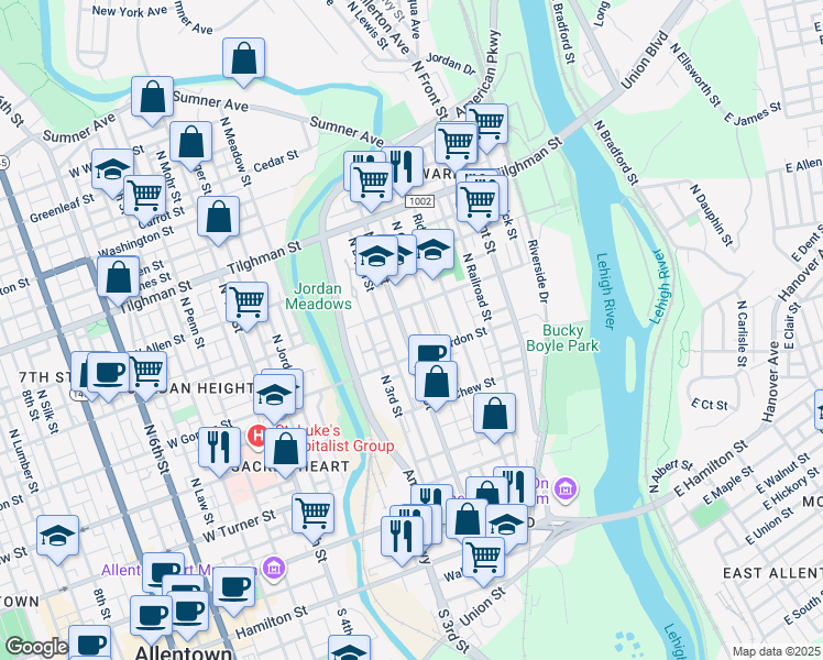 map of restaurants, bars, coffee shops, grocery stores, and more near 442 North Grant Street in Allentown