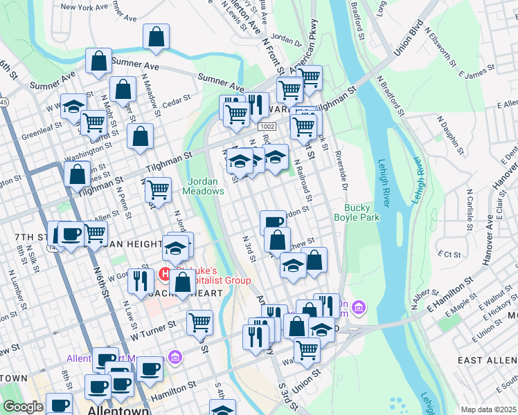 map of restaurants, bars, coffee shops, grocery stores, and more near 442 North Grant Street in Allentown
