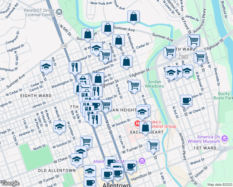 map of restaurants, bars, coffee shops, grocery stores, and more near 451 West Allen Street in Allentown