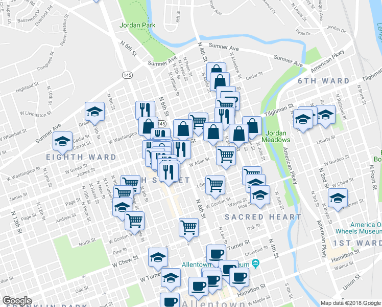 map of restaurants, bars, coffee shops, grocery stores, and more near 538 Tilghman Street in Allentown