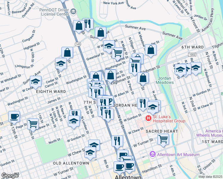 map of restaurants, bars, coffee shops, grocery stores, and more near 538 Tilghman Street in Allentown