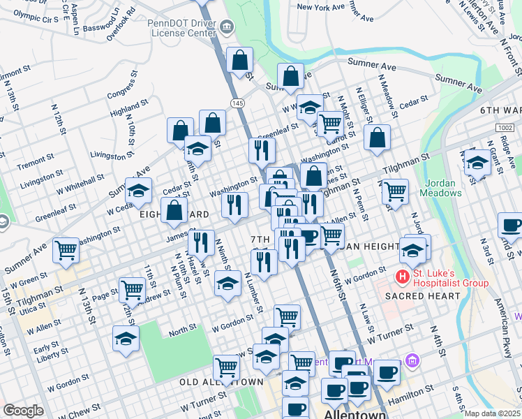 map of restaurants, bars, coffee shops, grocery stores, and more near 724 North 7th Street in Allentown