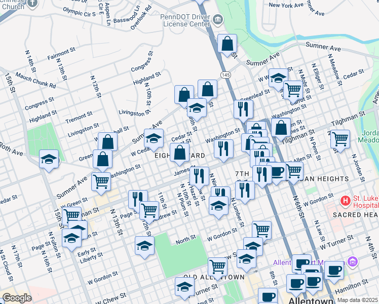 map of restaurants, bars, coffee shops, grocery stores, and more near 915 Washington Street in Allentown
