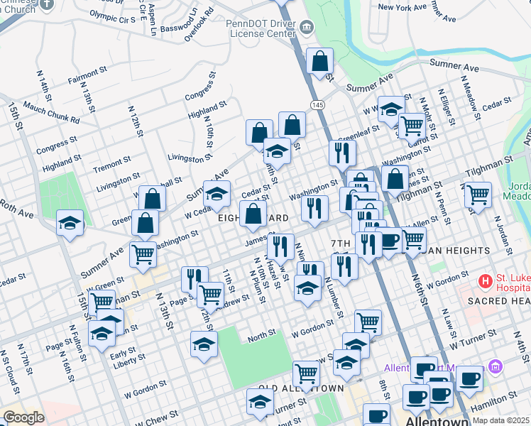 map of restaurants, bars, coffee shops, grocery stores, and more near 915 Washington Street in Allentown