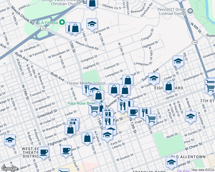 map of restaurants, bars, coffee shops, grocery stores, and more near 1338-1340 West Whitehall Street in Allentown