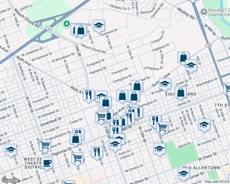 map of restaurants, bars, coffee shops, grocery stores, and more near 1336 Livingston Street in Allentown