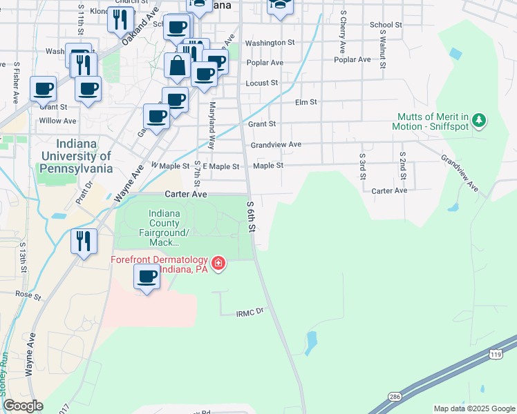 map of restaurants, bars, coffee shops, grocery stores, and more near 556a Carter Avenue in Indiana
