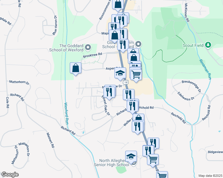 map of restaurants, bars, coffee shops, grocery stores, and more near 100 North Meadow Drive in Wexford