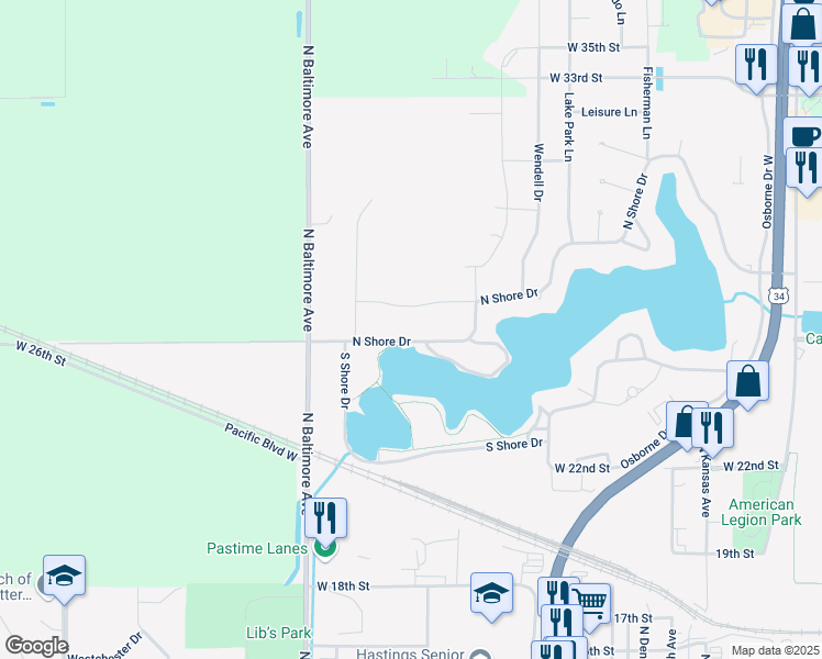 map of restaurants, bars, coffee shops, grocery stores, and more near 1205 Lakeridge Drive in Hastings