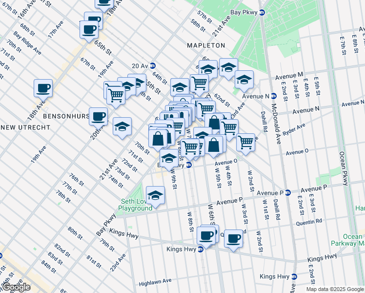 map of restaurants, bars, coffee shops, grocery stores, and more near 1345 West 7th Street in Brooklyn