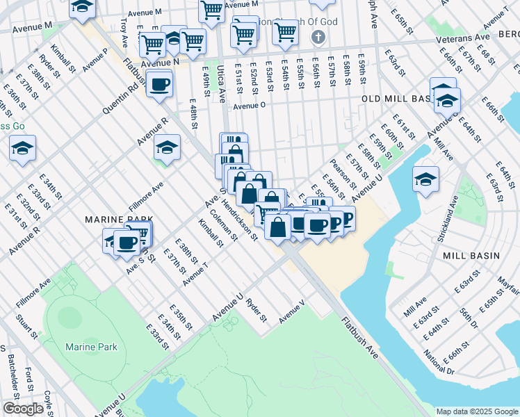 map of restaurants, bars, coffee shops, grocery stores, and more near 1920 East 52nd Street in Brooklyn