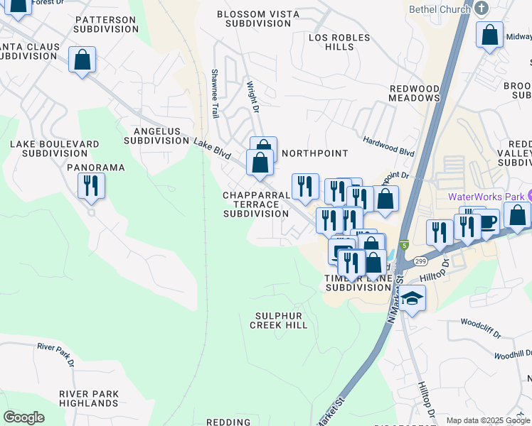 map of restaurants, bars, coffee shops, grocery stores, and more near 400 Buckeye Terrace in Redding