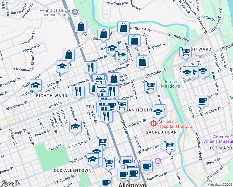 map of restaurants, bars, coffee shops, grocery stores, and more near 622 North Fair Street in Allentown