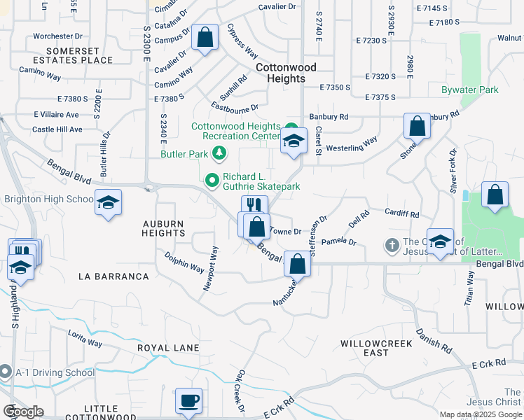 map of restaurants, bars, coffee shops, grocery stores, and more near 2600 Canterbury Lane South in Cottonwood Heights