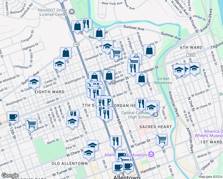 map of restaurants, bars, coffee shops, grocery stores, and more near 624 North Fair Street in Allentown