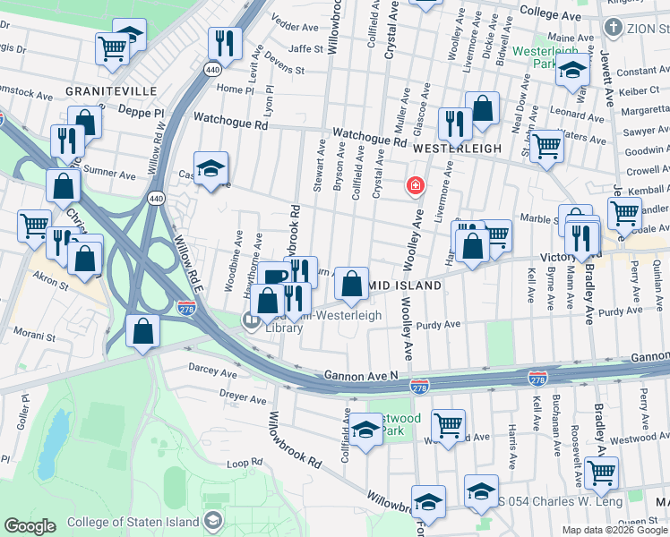 map of restaurants, bars, coffee shops, grocery stores, and more near 348 Bryson Avenue in Staten Island