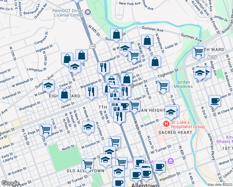 map of restaurants, bars, coffee shops, grocery stores, and more near 629 James Street in Allentown