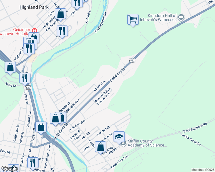 map of restaurants, bars, coffee shops, grocery stores, and more near 820 East Walnut Street in Lewistown