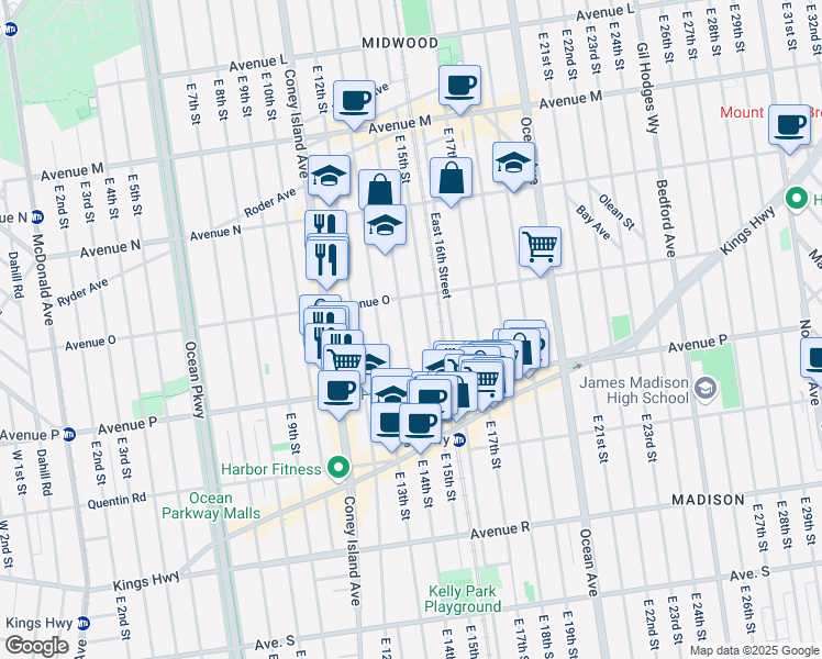 map of restaurants, bars, coffee shops, grocery stores, and more near 1547 East 14th Street in Brooklyn