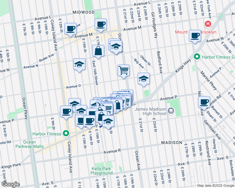 map of restaurants, bars, coffee shops, grocery stores, and more near 1558 East 19th Street in Brooklyn