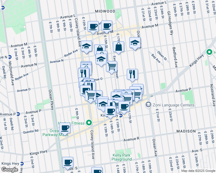 map of restaurants, bars, coffee shops, grocery stores, and more near 1547 East 14th Street in Brooklyn